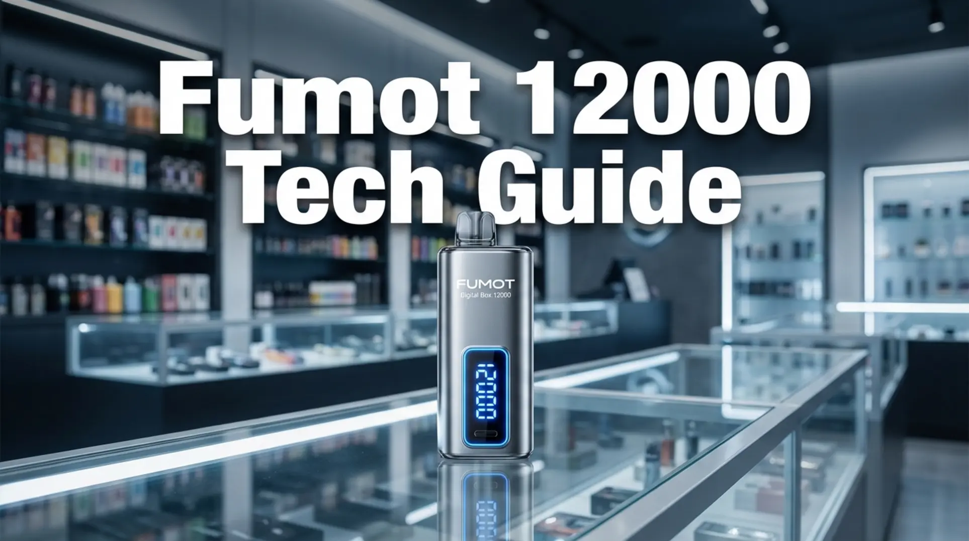 Close-up of Fumot Digital Box 12000 on retail counter with technical specifications guide