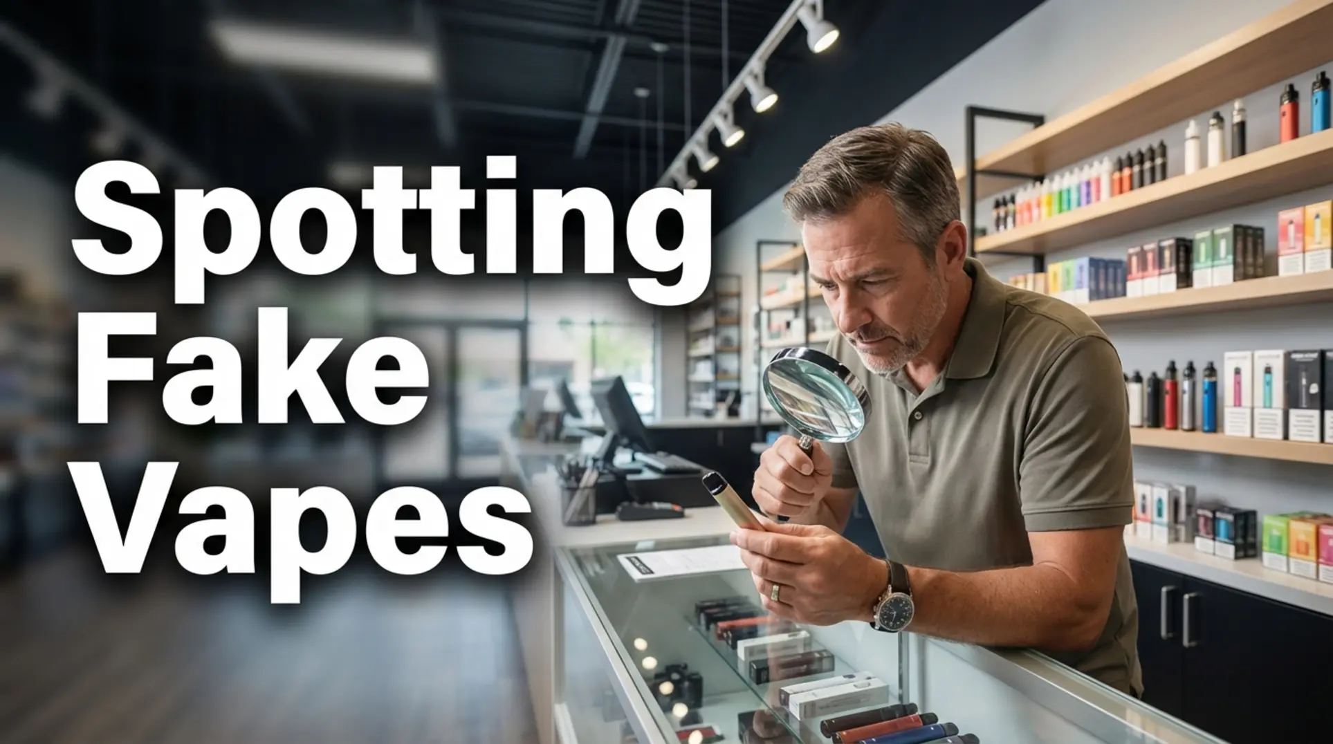 A shop owner carefully inspects a potential Vozol Gear 25000 fake with a magnifying glass.