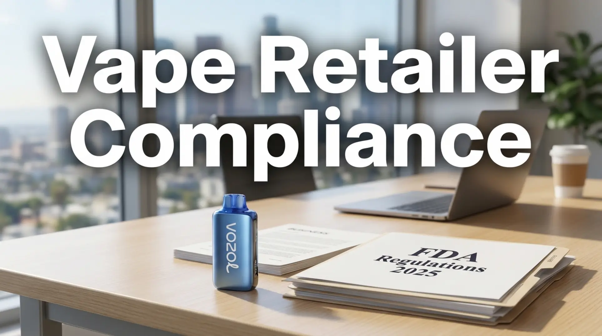 A Vozol Star 20000 vape on a desk with FDA documents, showing retailer compliance concerns.