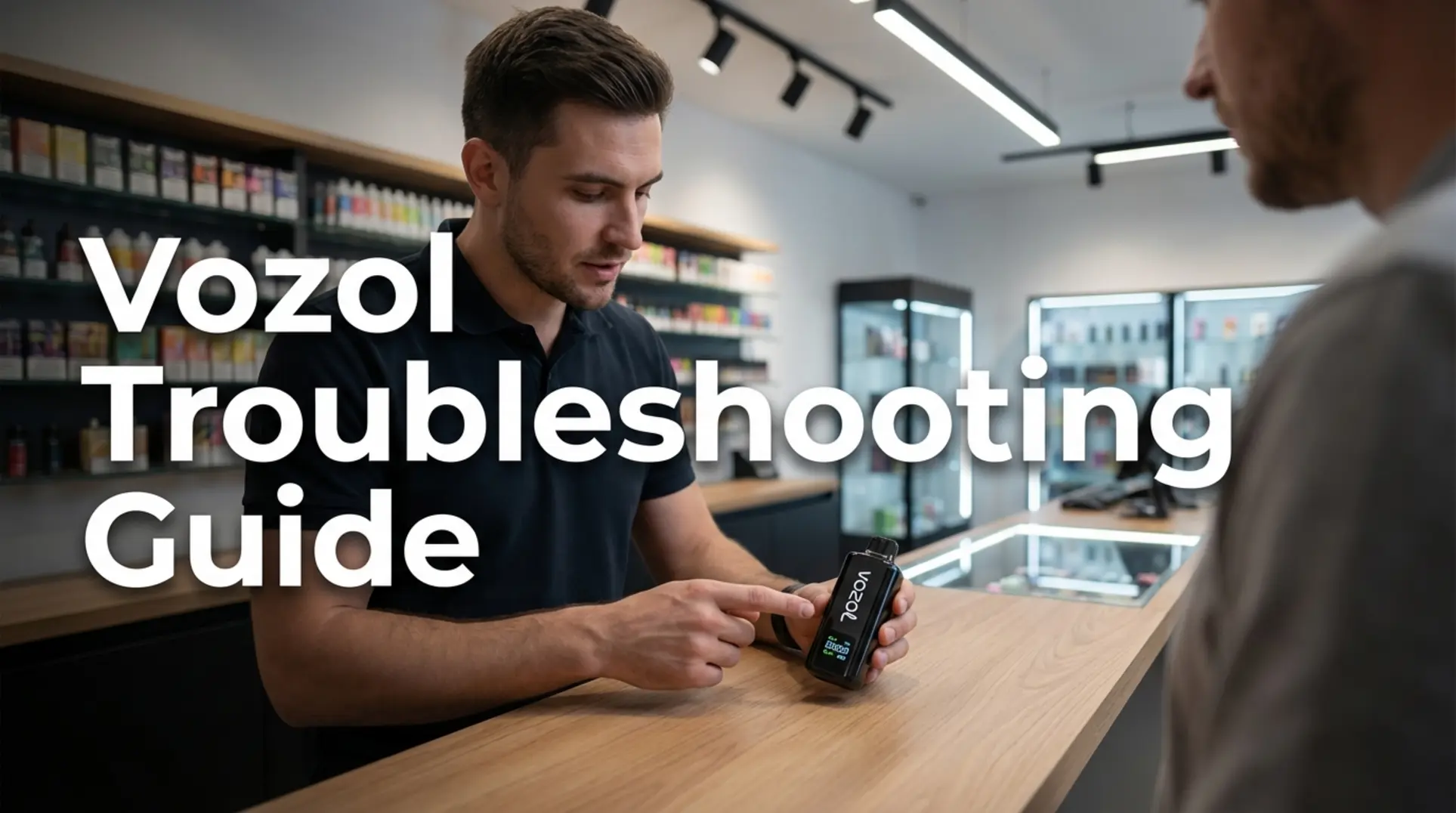 A professional retail employee at a counter providing Vozol Star 20000 troubleshooting assistance.